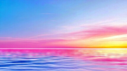 A serene ocean reflects the vibrant colors of a sunset, with hues of pink, yellow, and blue blending in the sky and water.