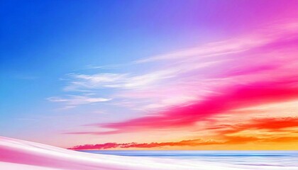 A surreal landscape featuring a brightly colored sky with pink, orange, and blue hues, meeting a tranquil ocean and a foreground of soft, white snow.