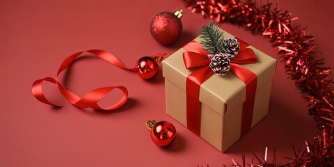 Luxuriously Wrapped Christmas Gift Box with Velvet Ribbon on Rustic Wooden Surface