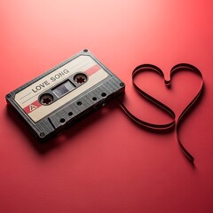 Vintage cassette tape with love song label and heart shaped tape on red