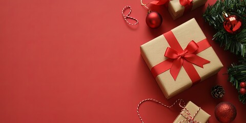 Luxuriously Wrapped Christmas Gift Box with Velvet Ribbon on Rustic Wooden Surface