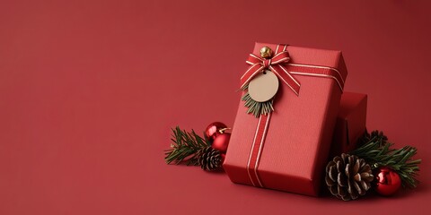 Luxuriously Wrapped Christmas Gift Box with Velvet Ribbon on Rustic Wooden Surface