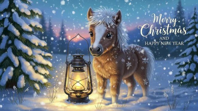 Merry Christmas and Happy New Year greeting card -fluffy pony beside glowing lantern in snowy forest.