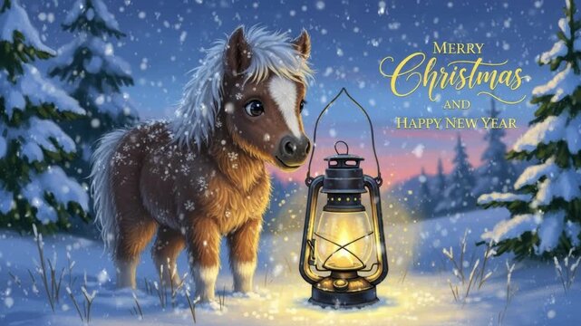 Merry Christmas and Happy New Year greeting card -fluffy pony beside glowing lantern in snowy forest.