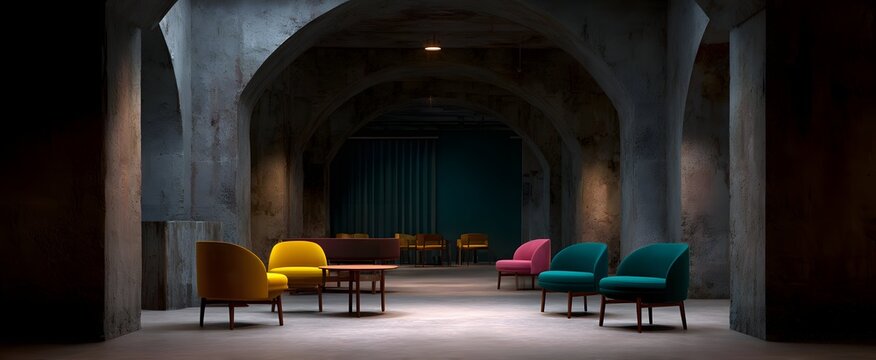 The subdued cavern office space evokes peacefulness with vibrant chairs brightening the calm ambiance