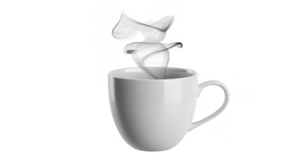 White coffee cup with swirling milk splash isolated on a transparent background