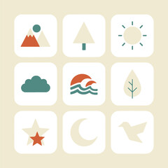 Nine Nature Icons in Nordic Minimal Flat Style
