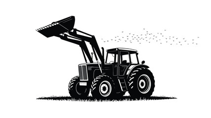 Naklejka premium A powerful agricultural tractor with a raised front loader bucket depicted in a striking black and white silhouette against a plain background conveying strength and industry silhouette