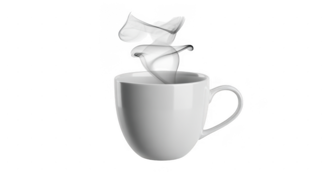 White coffee cup with swirling milk splash isolated on a transparent background