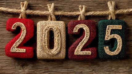 Handcrafted fabric numbers spelling  2025  are suspended by twine against a vintage wooden plank surface symbolizing the upcoming new year with rustic charm