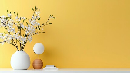 A minimalist arrangement of white flowers in a vase, a modern lamp, and stacked books sits on a white shelf against a bright yellow wall.