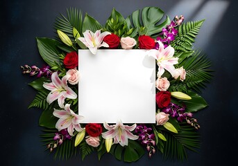 Obraz premium Floral frame with roses, lilies, orchids and tropical leaves on dark background