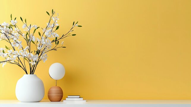 A minimalist arrangement of white flowers in a vase, a modern lamp, and stacked books sits on a white shelf against a bright yellow wall.