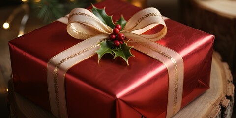 Luxuriously Wrapped Christmas Gift Box with Velvet Ribbon on Rustic Wooden Surface