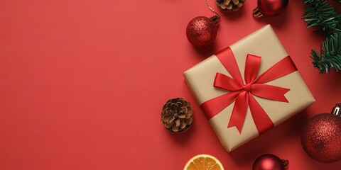 Luxuriously Wrapped Christmas Gift Box with Velvet Ribbon on Rustic Wooden Surface