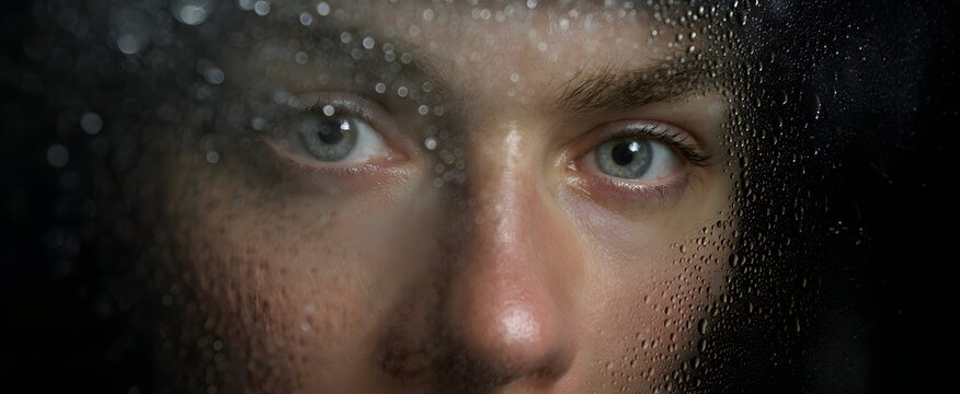 Face pressed against a misty foggy mirror forming intricate condensation patterns.