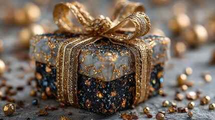 Luxurious and richly decorated gift box featuring a dark textured surface covered in gold glitter tied with an elegant golden ribbon and bow surrounded by bokeh lights and festive accents