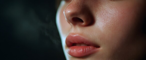 Slow breath softly escapes through the lips slightly parted.