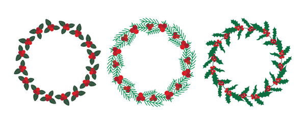 Christmas wreaths of holly, berries, fir branches set. Round natural frames. Circle template for festive winter design. Vector graphic