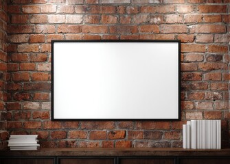 Horizontal blank poster above books on brick wall