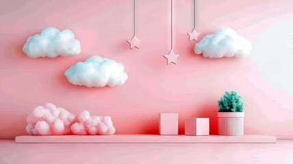 A whimsical display featuring fluffy white and pink clouds, star decorations, and minimalist cubes and a potted plant on a shelf against a soft pink wall.