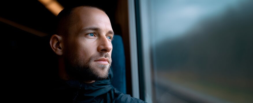 The man feels deep longing as he looks out the train window during travel