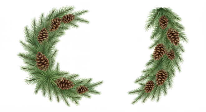 Festive evergreen branches with pinecones forming a decorative holiday frame on transparent background