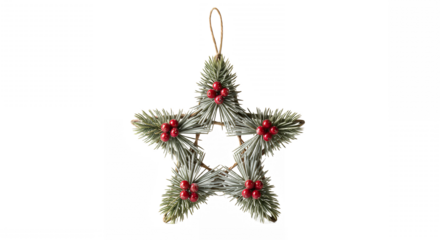 Festive christmas star ornament with red berries and pine needles decoration on transparent background