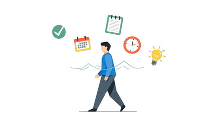 Man Walking with Time Management Icons.