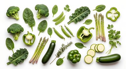 Assortment of fresh green vegetables including broccoli bell peppers zucchini asparagus spinach kale and peas arranged on a white background