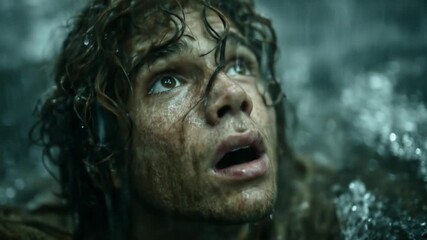 Man in water portrait of distress struggle and overcoming challenges