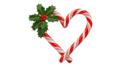 Two candy canes forming a heart shape with holly berries on transparent background