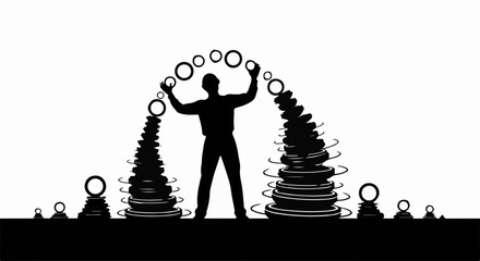 Man balancing rings creating a dynamic, playful structure against a white background.