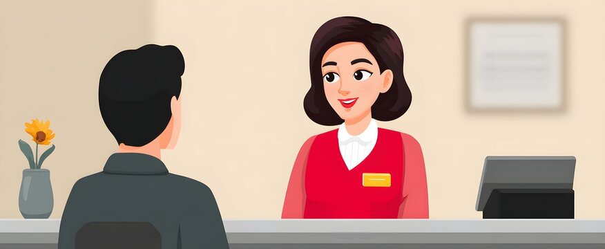 The bank teller dances through numbers helping a client at the counter.