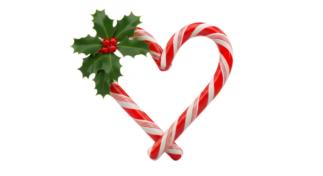 Two candy canes forming a heart shape with holly berries on transparent background
