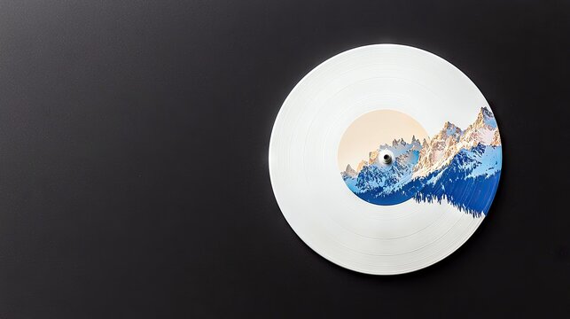 A white vinyl record features a vibrant mountain range landscape, with snow-capped peaks and blue forests, set against a plain dark background.
