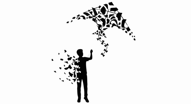 Silhouette of a person releasing a kite made of scattered books into the sky, symbolizing knowledge and imagination.