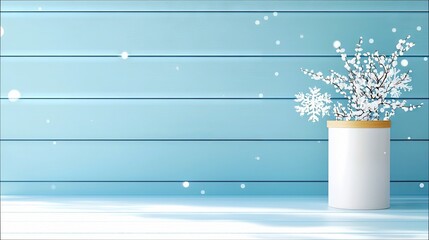 A white pot with decorative branches and snowflakes sits on a snowy surface against a blue wooden wall, with snow falling.