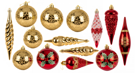 Assortment of gold and red christmas ornaments for the holidays on transparent background