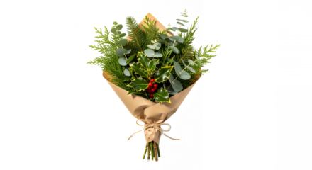 Festive bouquet of winter greenery wrapped in brown paper on transparent background
