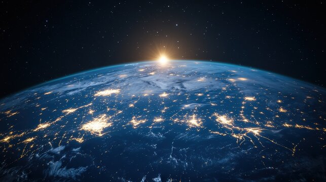 A vibrant planet Earth showing city lights at dawn in outer space