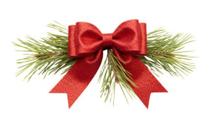 Festive red glitter bow with pine needles for holiday decoration and design on transparent background