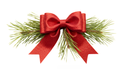 Festive red glitter bow with pine needles for holiday decoration and design on transparent background