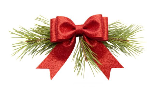 Festive red glitter bow with pine needles for holiday decoration and design on transparent background