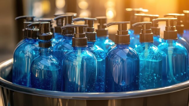 A close up view of many blue plastic sanitizer bottles with pumps