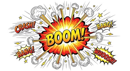 Comic book explosion with boom bang crash and whoosh sound effects image