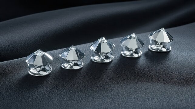 A detailed view of a row of small faceted crystal objects with shiny reflective surfaces on a dark textured background