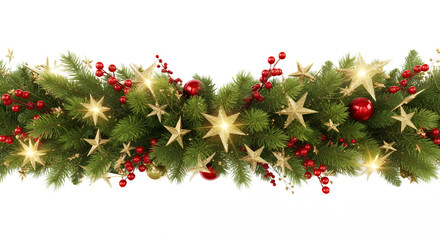 Festive christmas garland with gold stars and red ornaments on transparent background