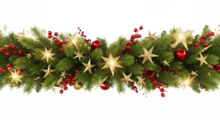 Festive christmas garland with gold stars and red ornaments on transparent background