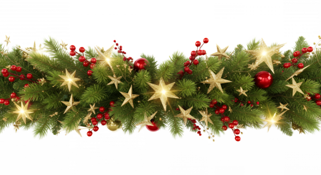 Festive christmas garland with gold stars and red ornaments on transparent background